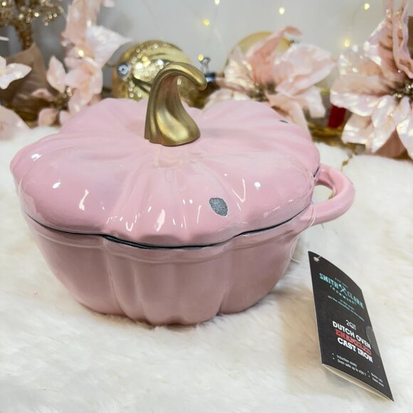 Smith & Clark Cast Iron Pink 2 QT Pumpkin Dutch Oven Gold Stem New READ - Picture 7 of 8
